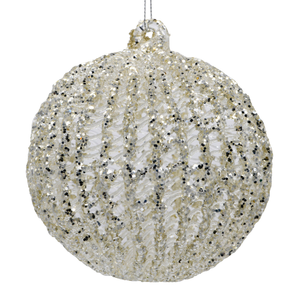 Sparkly silver Christmas decoration on a white background