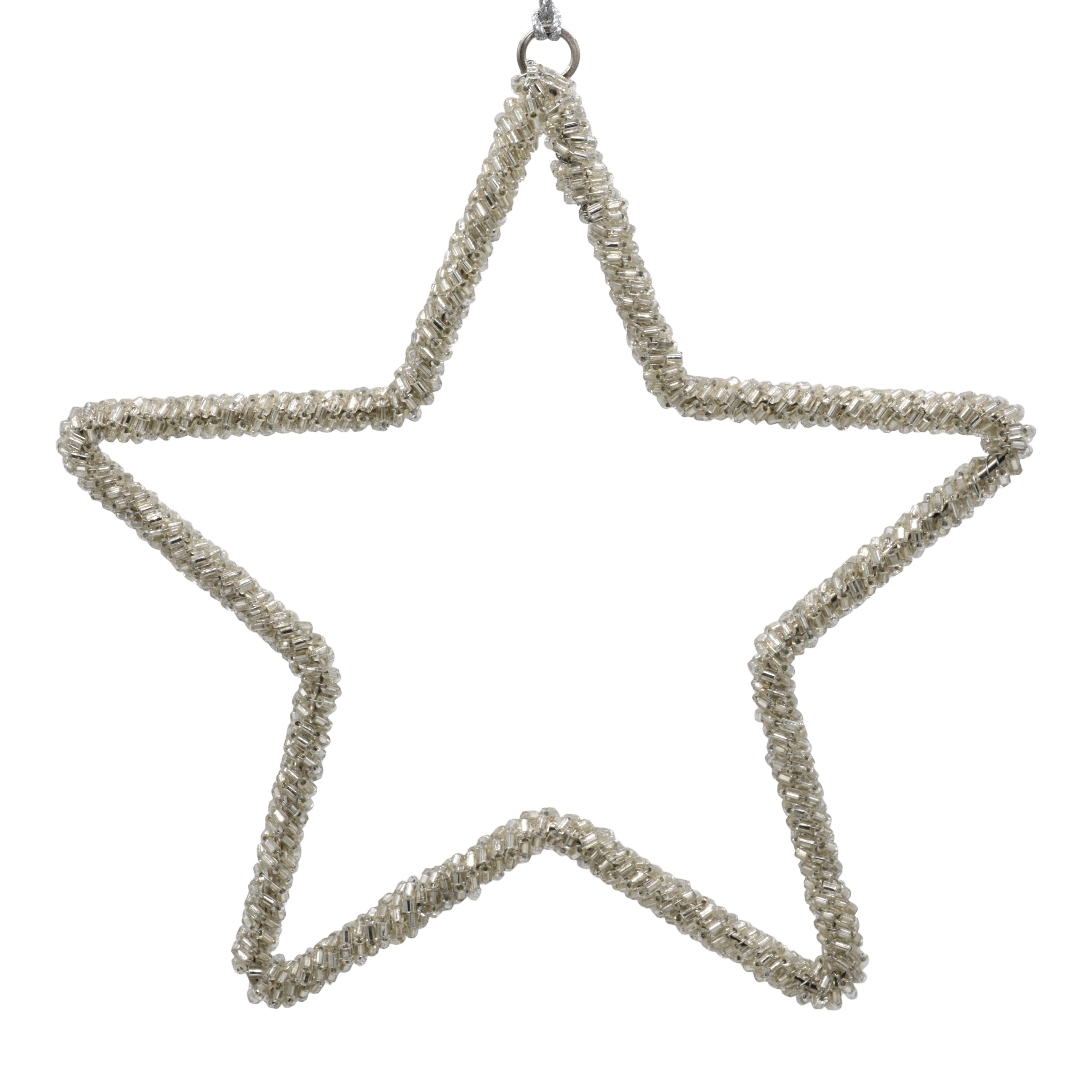 Beaded flat Christmas star in silver on a white background