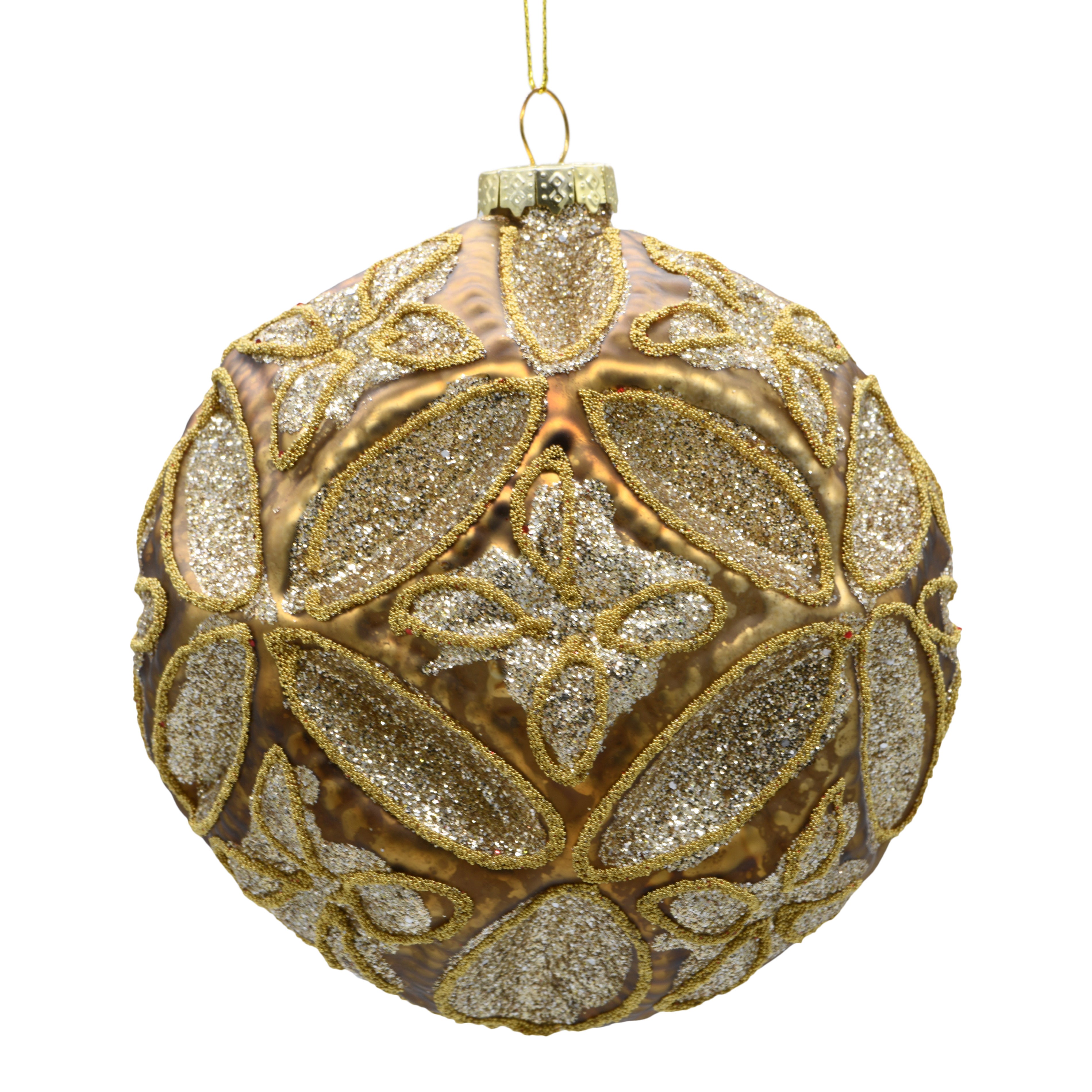 Gold sparkly large Christmas bauble on a white background