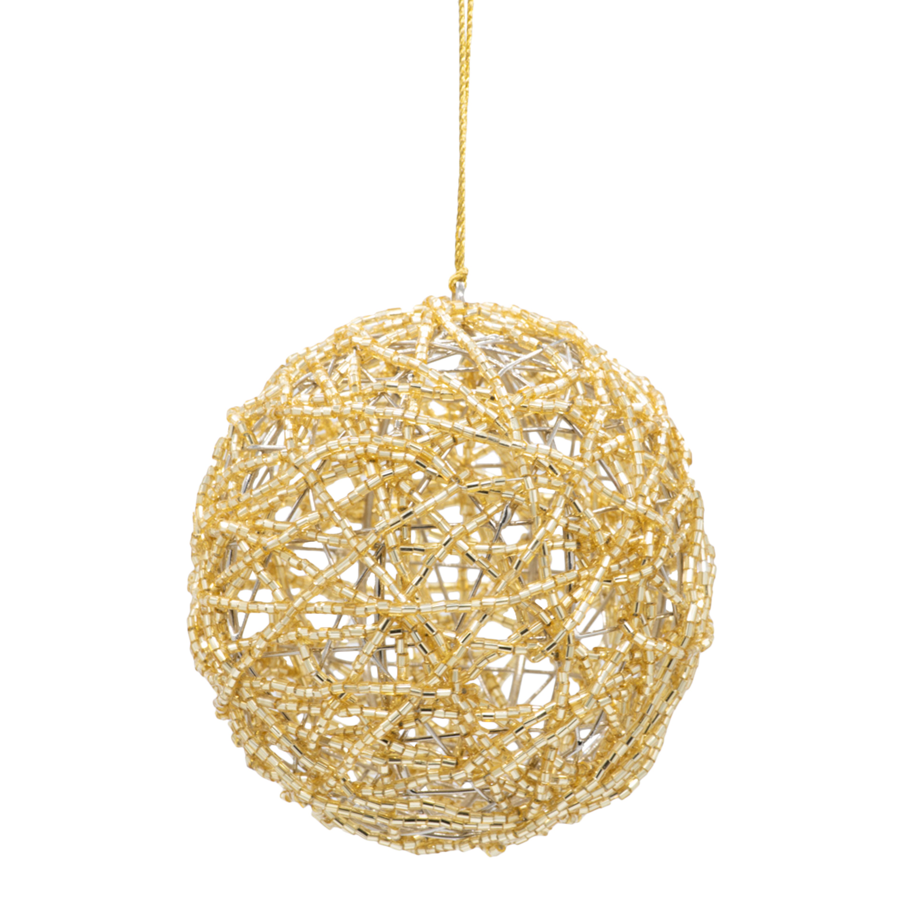 Gold beaded bauble on a white background