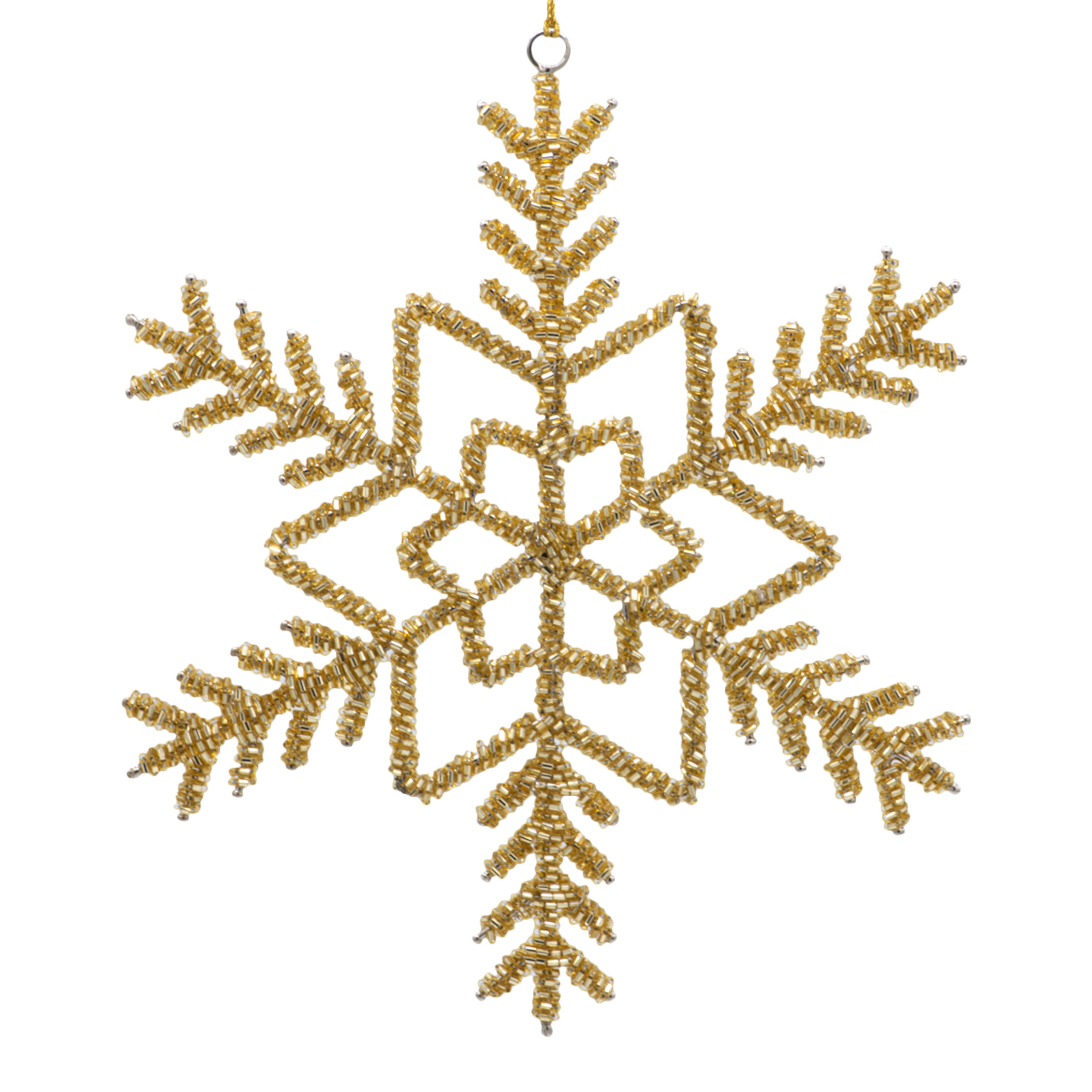 Beaded snowflake Christmas decoration on a white background