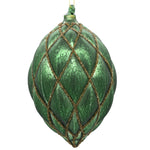 Green olive shaped Christmas tree bauble on a white background